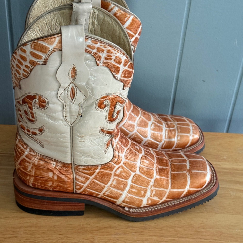 Ferrini Womens Stampede Caiman Croc Print Boot‎ Sz 6B Rust Ivory Square Toe
